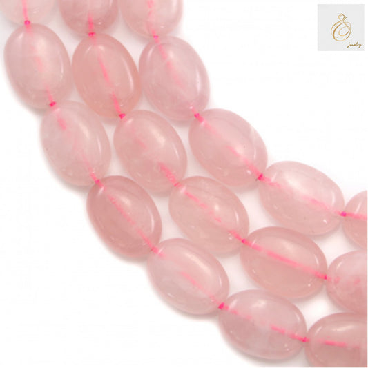 Natural rose quartz beads strand showing oval shaped gemstones 10x14mm with 1mm holes, approximately 29 pieces per strand