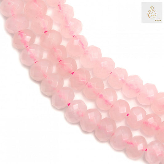 Natural Rose Quartz Faceted Rondelle Beads 4x6mm - Close-up view showing pink gemstone beads with faceted cuts and 1mm holes