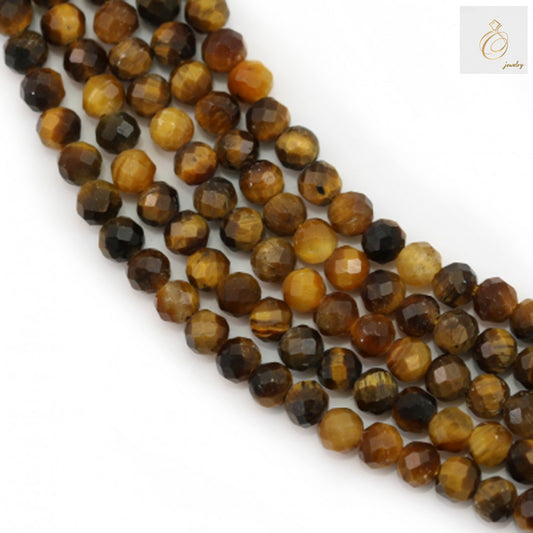 Natural tiger's eye faceted round beads strand, 3mm diameter with golden-brown chatoyancy effect, 39-40cm length for jewelry making