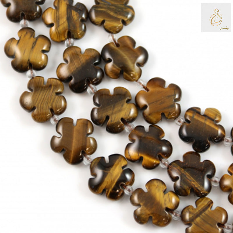 Natural Tiger's Eye gemstone beads strand showing 15mm flower-cut beads with golden-brown chatoyancy and natural banding patterns