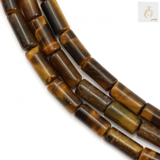 Natural tiger's eye tube beads strand showing golden-brown chatoyant gemstones, 4x8mm size, 50 pieces for jewelry making