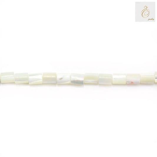 Natural white mother-of-pearl tube beads strand showing 3x5mm column-shaped beads with lustrous finish, approximately 71 beads per strand for jewelry making
