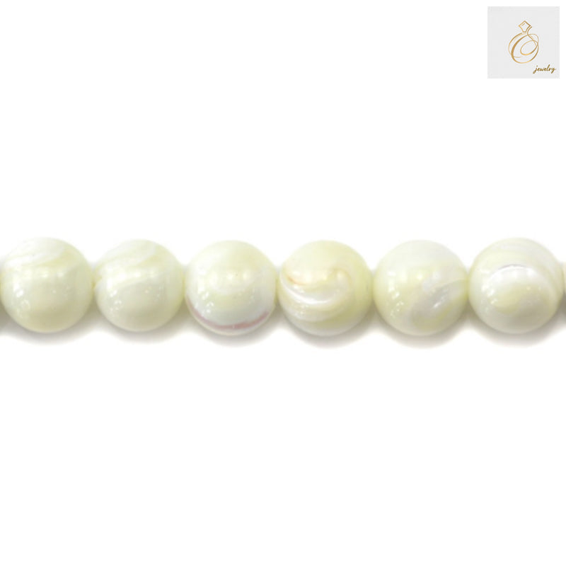 Natural white mother-of-pearl round beads 12mm diameter strand showing lustrous finish and uniform shape