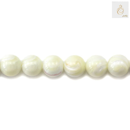 Natural white mother-of-pearl round beads 12mm diameter strand showing lustrous finish and uniform shape