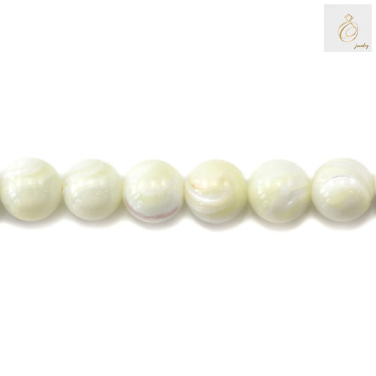 Natural white mother-of-pearl round beads 12mm diameter strand showing lustrous finish and uniform shape
