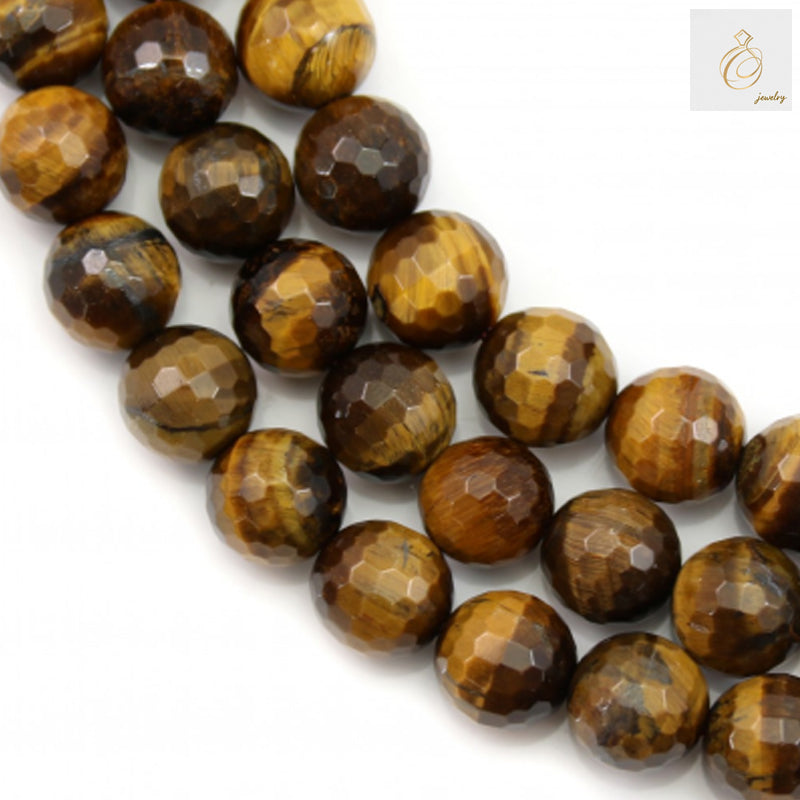 Natural yellow tiger's eye beads strand showing 38 faceted round 10mm gemstone beads with golden-brown chatoyancy