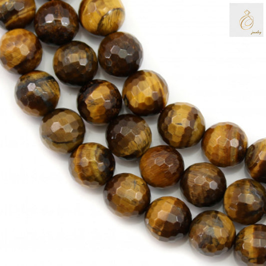 Natural yellow tiger's eye beads strand showing 38 faceted round 10mm gemstone beads with golden-brown chatoyancy