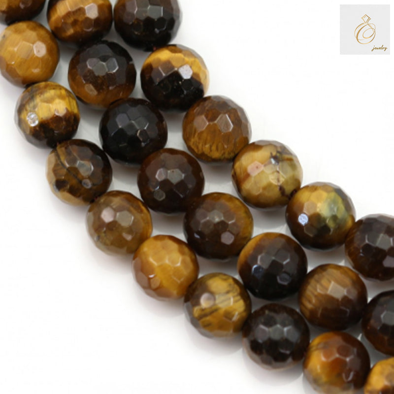Natural yellow tiger's eye beads strand showing 8mm faceted round gemstone beads with golden-brown chatoyancy and silk-like luster