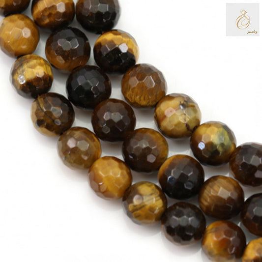 Natural yellow tiger's eye beads strand showing 8mm faceted round gemstone beads with golden-brown chatoyancy and silk-like luster
