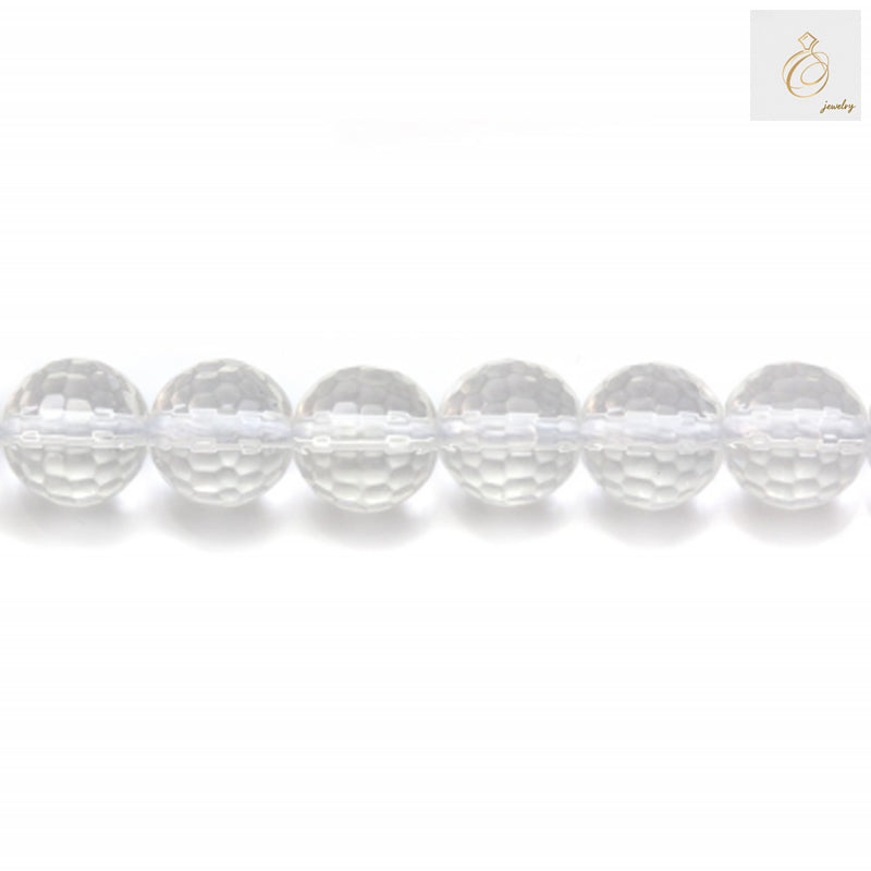 Close-up view of natural rock crystal beads displaying the precise 10mm diameter and 1mm hole size
