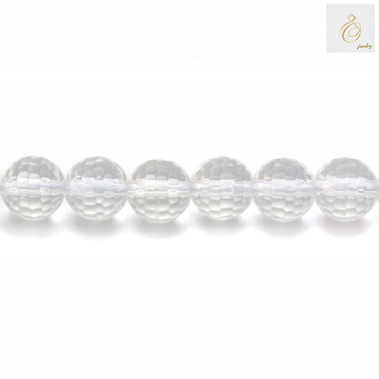 Close-up view of natural rock crystal beads displaying the precise 10mm diameter and 1mm hole size