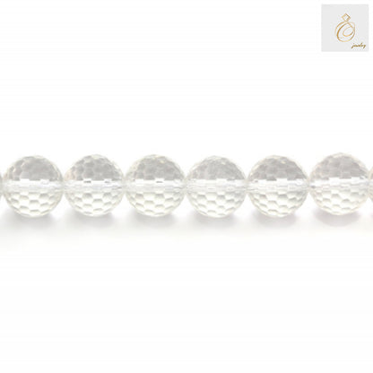 Close-up view of natural rock crystal beads displaying the faceted cut and crystal clarity of 12mm round gemstone beads