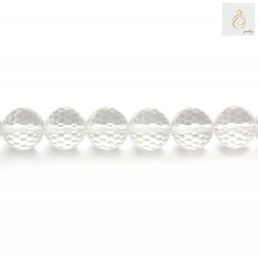 Close-up view of natural rock crystal beads displaying the faceted cut and crystal clarity of 12mm round gemstone beads