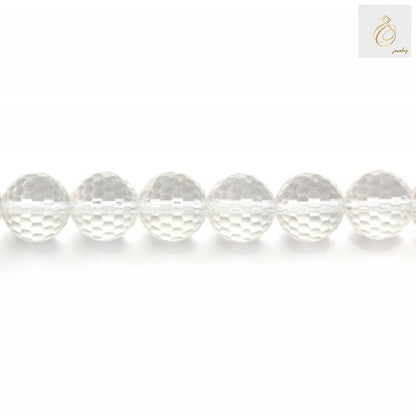 Close-up view of 14mm natural rock crystal beads showing faceted cut and brilliant clarity