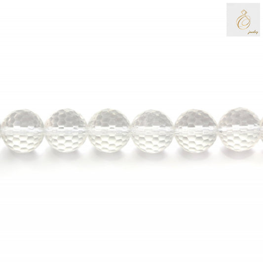 Close-up view of 14mm natural rock crystal beads showing faceted cut and brilliant clarity