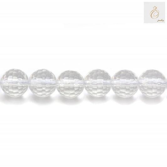 Close-up view of 6mm natural rock crystal beads displaying precise faceted cuts and uniform round shape
