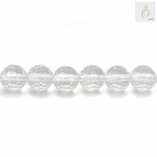 "Close-up view of natural rock crystal beads displaying the precise 8mm diameter and expert faceting detail
