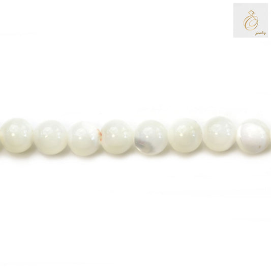 Natural white mother-of-pearl shell round beads 6mm diameter strand showing lustrous finish and uniform size