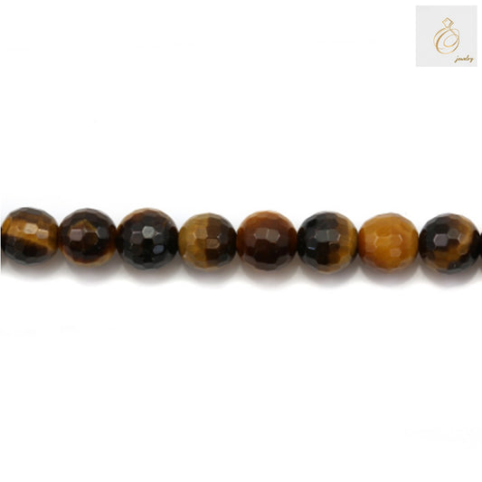 Close-up view of natural yellow tiger's eye beads displaying the characteristic golden bands and reflective surface of 8mm faceted round beads