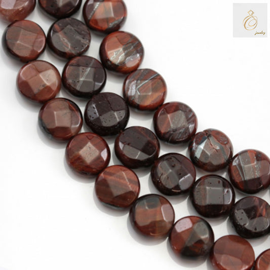 Natural red tiger's eye beads strand showing 6mm faceted flat round gemstones with golden-brown chatoyant effect, 15-16 inch length