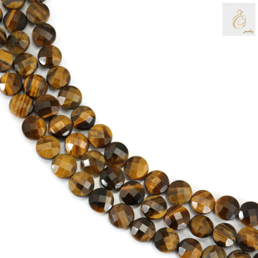 Natural tiger's eye beads strand showing 8mm faceted flat round gemstones with golden brown chatoyancy and distinctive banding patterns