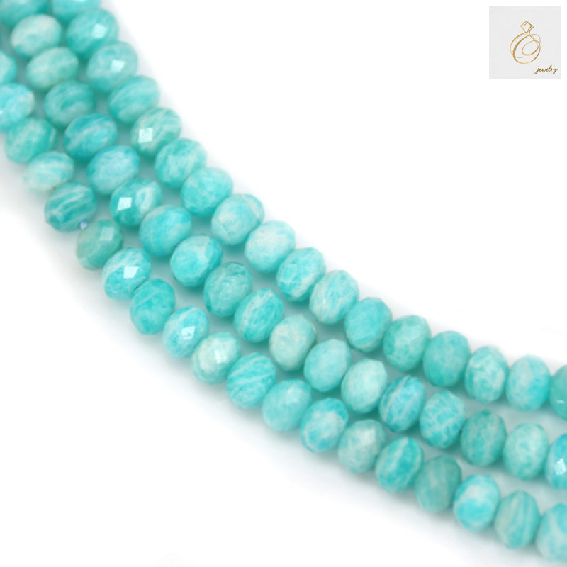 Peruvian Amazonite faceted abacus beads 4x6mm strand showing natural blue-green gemstone color and brilliant cut