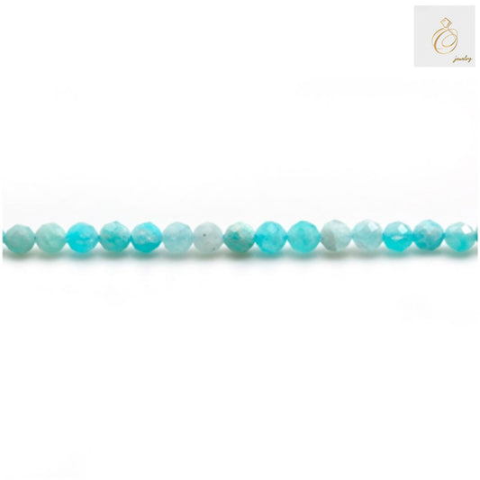 Natural Peruvian amazonite 3mm round beads strand, blue-green gemstone jewelry making supplies"
"Close-up detail of 3mm amazonite faceted round beads, polished finish"
"Amazonite beads jewelry making example, handmade bracelet and necklace