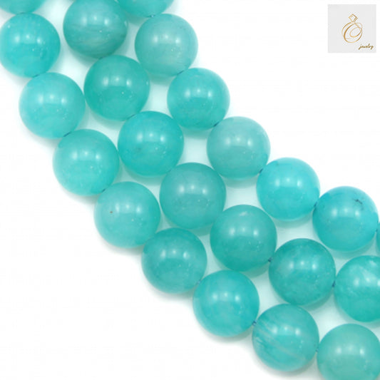 Natural Peruvian Amazonite round beads 8mm on white background"
"Blue-green Amazonite gemstone beads strand 39-40cm length