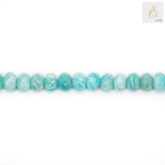Close-up detail of faceted Peruvian Amazonite beads 4x6mm displaying crystal clarity and expert craftsmanship