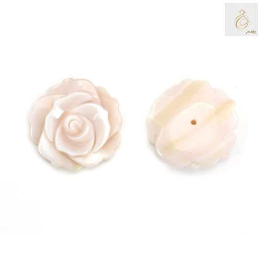 Pink mother-of-pearl rose charm 20mm diameter with natural iridescent finish and delicate carved petals for jewelry making