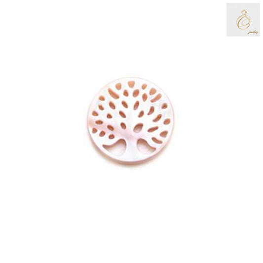 Pink mother of pearl shell charm featuring intricate Tree of Life design, 12mm diameter, perfect for jewelry making and crafts