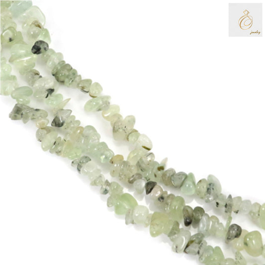 Natural prehnite chip beads strand 78-80cm length for jewelry making"
"Green prehnite gemstone chips on string, natural color variations