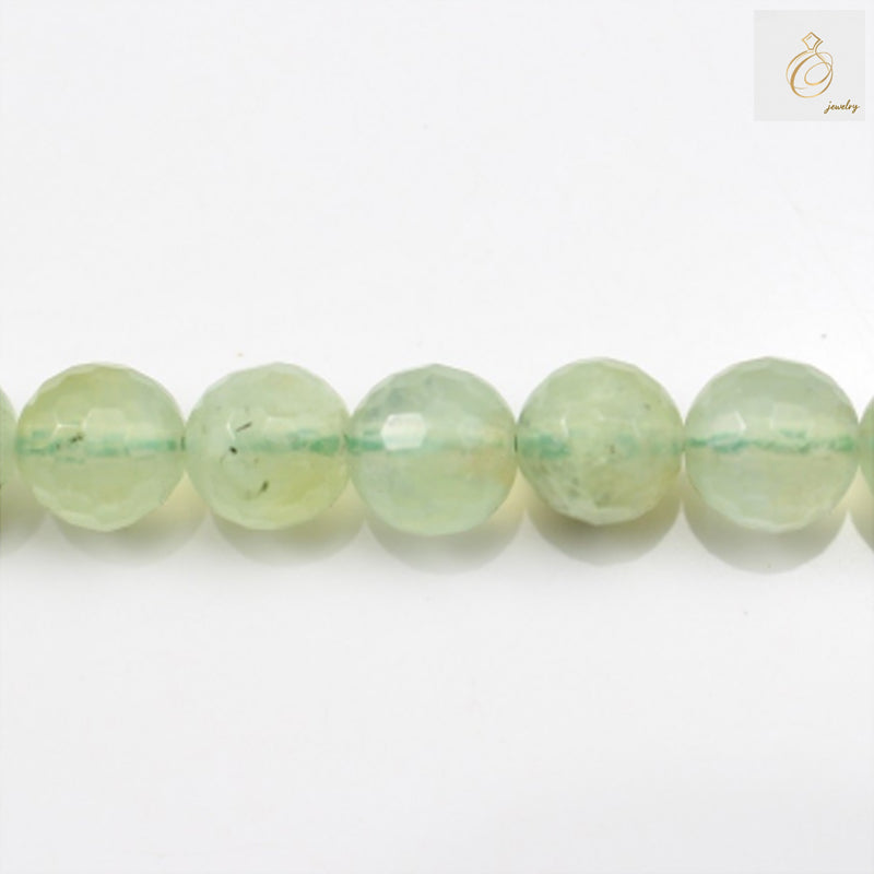 Prehnite faceted round beads 6mm diameter on white background"
"Natural green prehnite gemstone beads strand 39-40cm length"
"Close-up of 6mm prehnite faceted round beads showing clarity and cut"
"Prehnite gemstone beads for jewelry making, 6mm faceted round cut