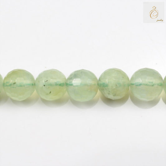 Prehnite faceted round beads 6mm diameter on white background"
"Natural green prehnite gemstone beads strand 39-40cm length"
"Close-up of 6mm prehnite faceted round beads showing clarity and cut"
"Prehnite gemstone beads for jewelry making, 6mm faceted round cut