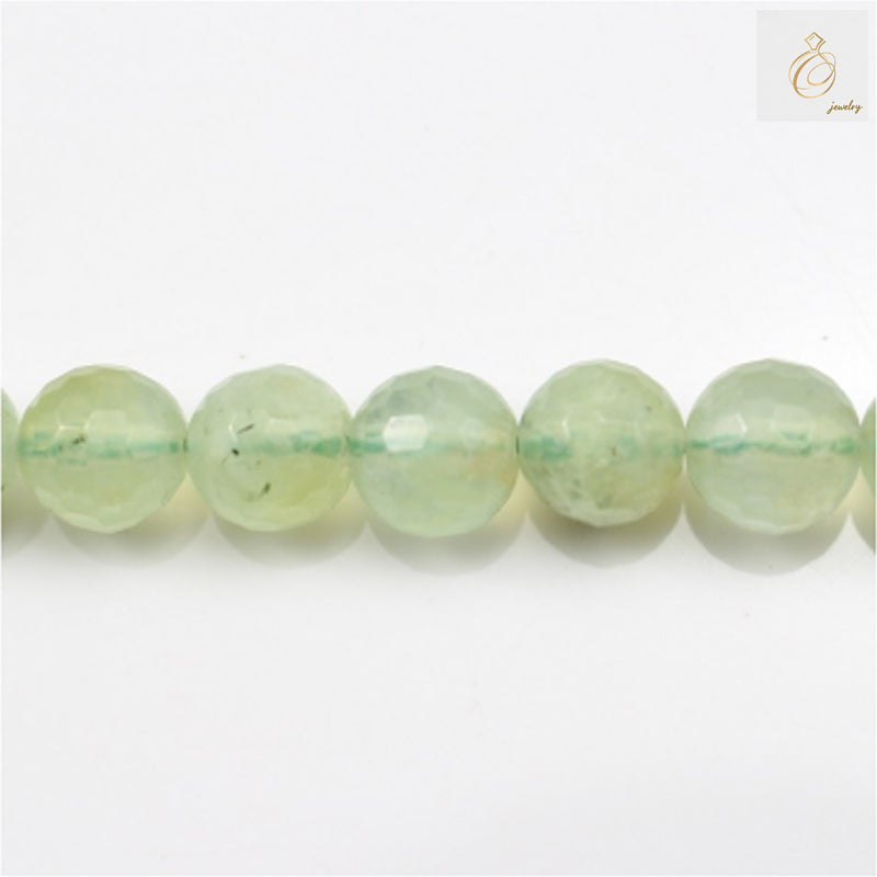 Natural prehnite faceted round beads 8mm diameter on 15.5 inch strand showing soft green color"
"Close-up of premium A-grade prehnite gemstone beads with smooth polished finish"
"8mm natural prehnite beads strand displaying translucent green hue and faceted cut