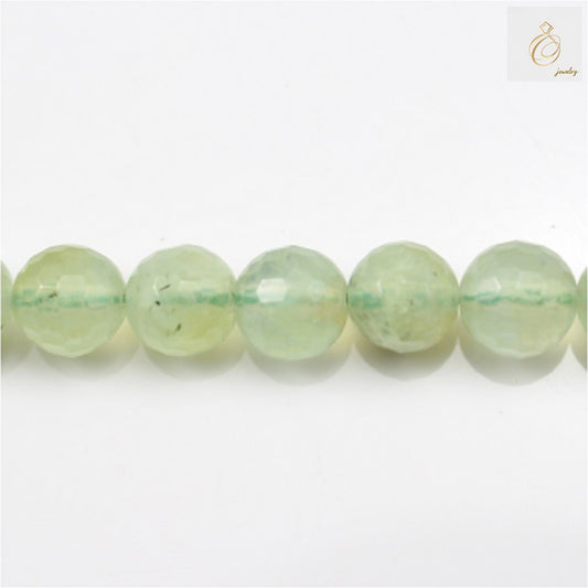 Natural prehnite faceted round beads 8mm diameter on 15.5 inch strand showing soft green color"
"Close-up of premium A-grade prehnite gemstone beads with smooth polished finish"
"8mm natural prehnite beads strand displaying translucent green hue and faceted cut