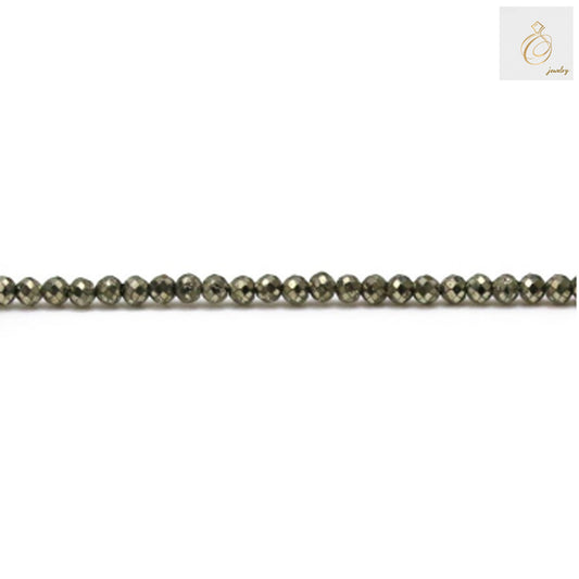 Pyrite faceted round beads 2mm diameter strand showing golden metallic luster and uniform bead size for jewelry making supplies