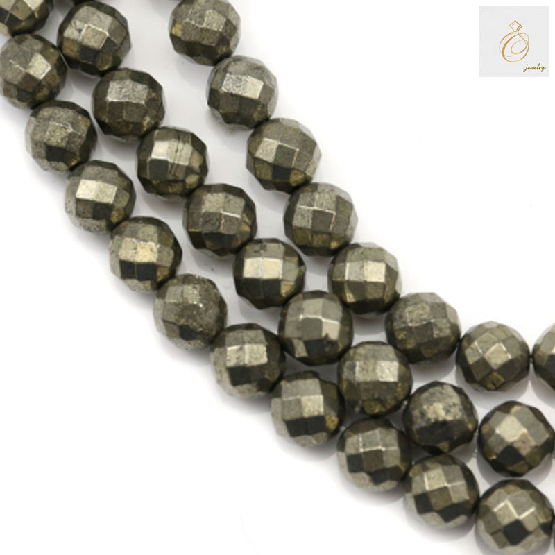 12mm faceted round pyrite beads arranged on strand showing golden metallic luster and uniform size