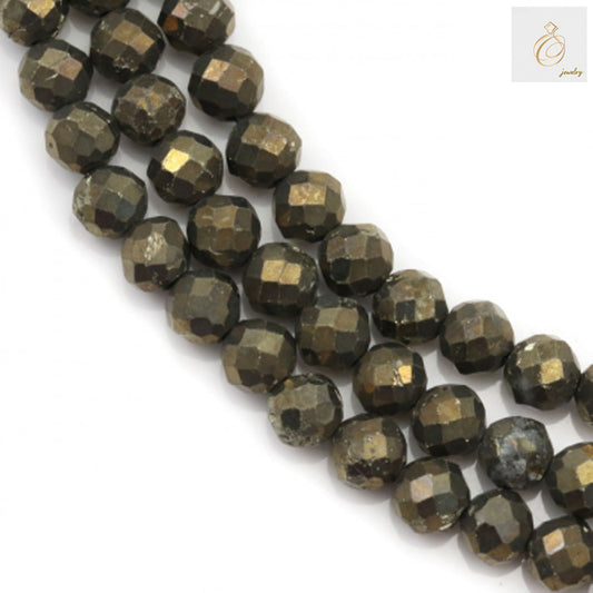 4mm faceted round pyrite beads strand showing metallic golden luster and precision cut facets