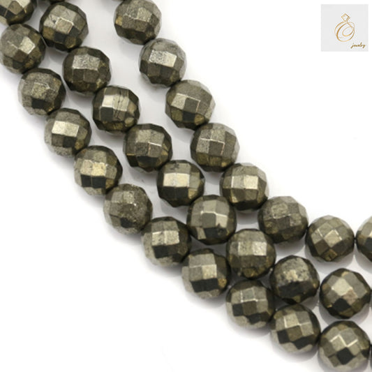 Natural pyrite beads strand, 8mm faceted round gemstone beads with golden metallic luster, 49 pieces per strand