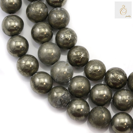 Natural pyrite round beads strand, 12mm diameter with golden metallic luster, approximately 33 beads for jewelry making
