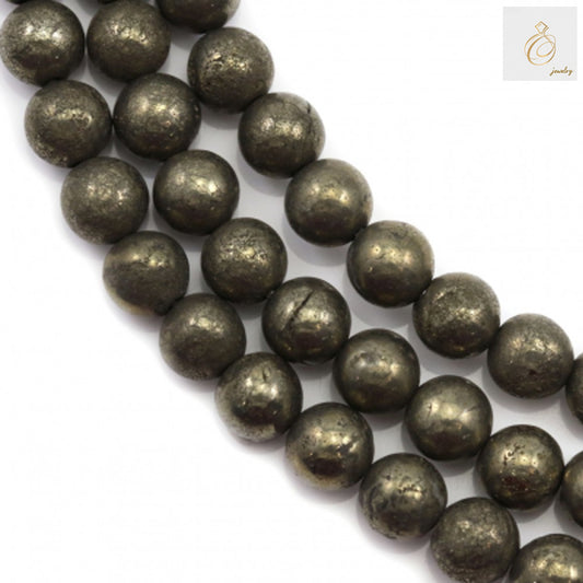 Natural pyrite beads strand showing 6mm round golden gemstone beads with metallic luster, approximately 67 pieces per strand for jewelry making