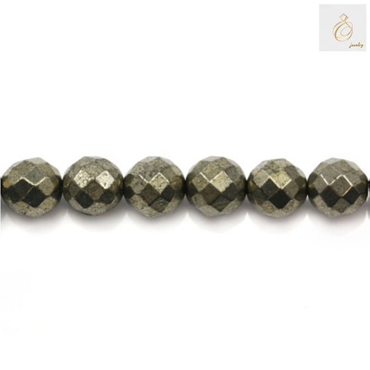 Close-up view of faceted pyrite beads showing golden metallic surface and round shape, 10mm diameter with 1mm holes