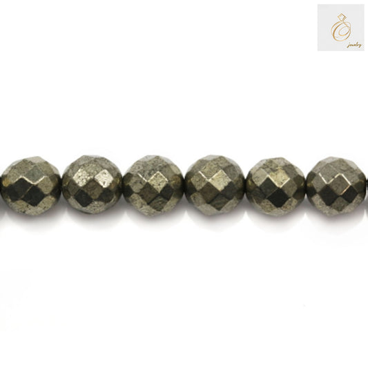 Close-up view of 12mm pyrite gemstone beads displaying natural golden color and precision faceted cuts