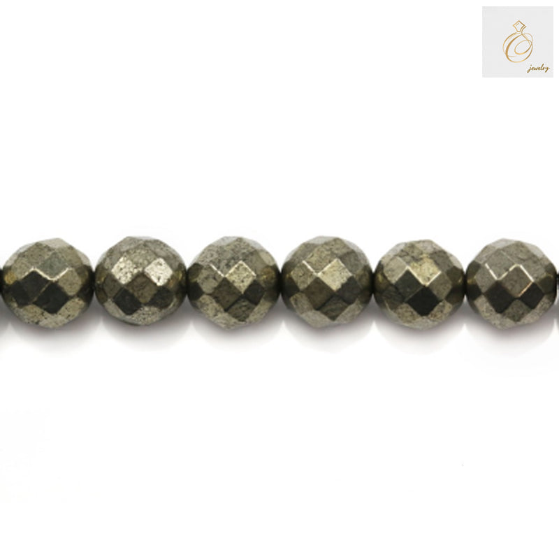 Close-up view of 6mm pyrite gemstone beads displaying brilliant golden color and faceted surface