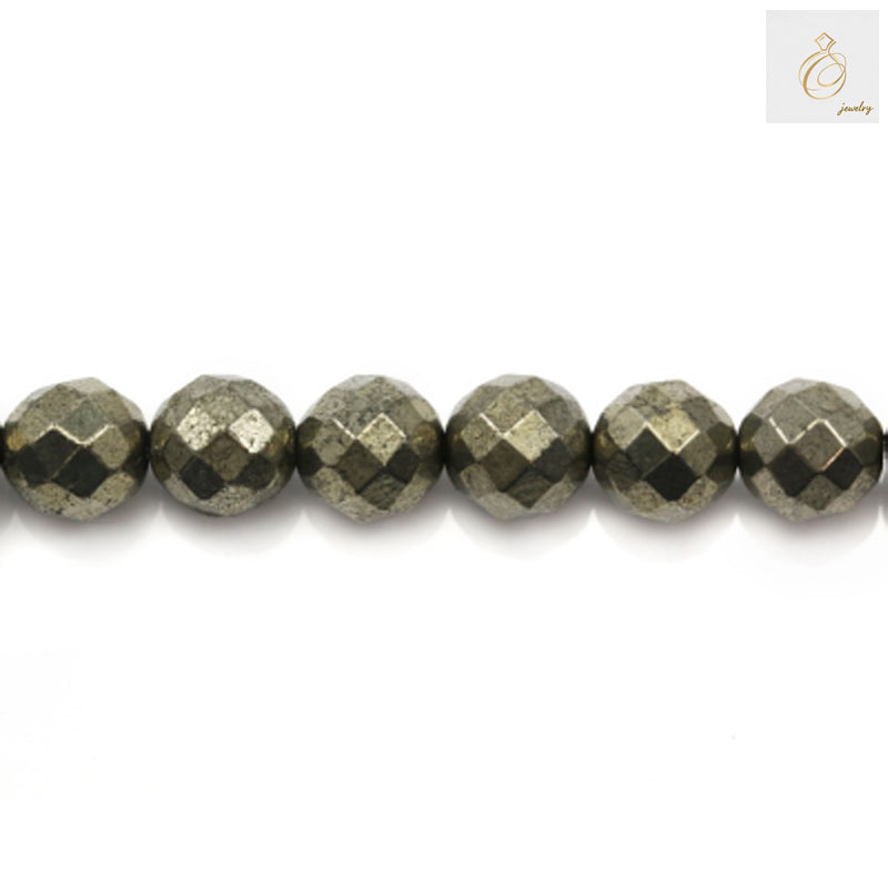 Close-up view of 8mm pyrite beads showing faceted cut and brilliant golden shine, jewelry making supplies