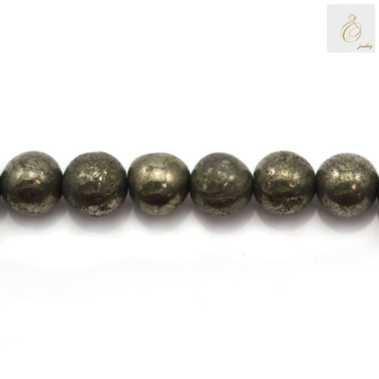 Close-up view of 3mm pyrite beads showing metallic golden luster"
"Pyrite beads strand detail showing consistent round shape and size"
"Natural pyrite gemstone beads with 0.6mm holes for jewelry making