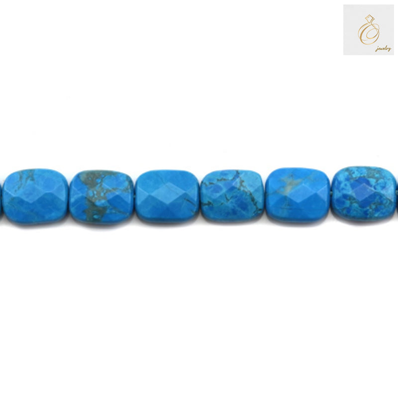 Close-up view of reconstituted turquoise rectangle beads displaying faceted cut and 1mm holes