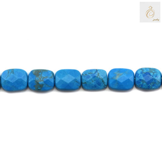 Close-up view of reconstituted turquoise rectangle beads displaying faceted cut and 1mm holes