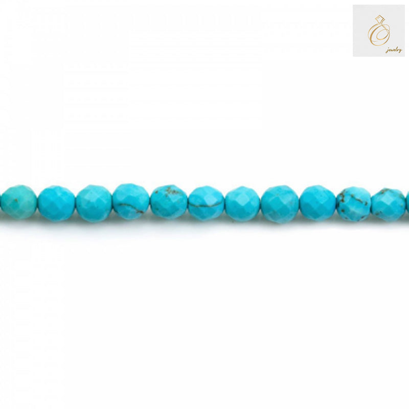 Close-up view of 4mm reconstituted turquoise faceted round beads showing blue-green color and faceted surface